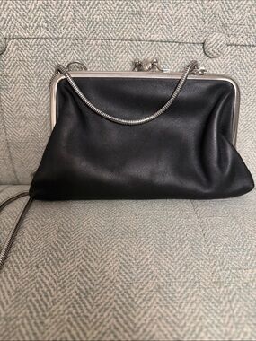 Black Leather Frame-Top Clutch with Silver Chain